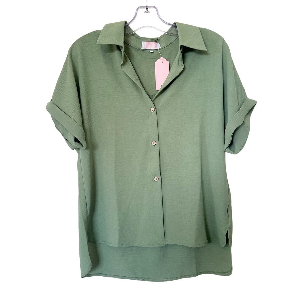 NWT C+D+M Short Sleeve Button Front Top Green Size Large